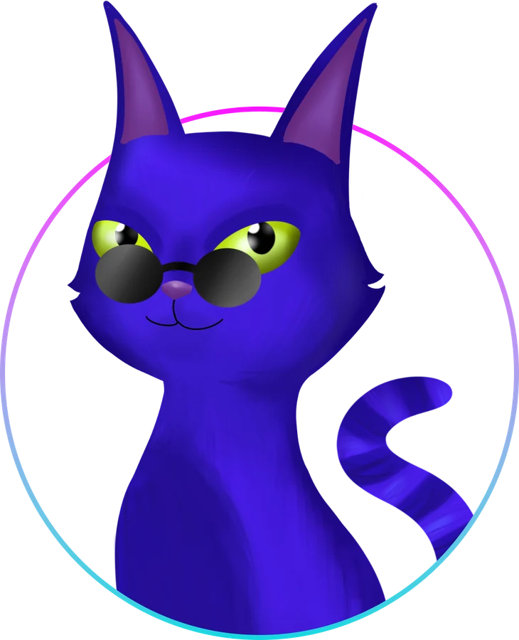 Morf, o gato roxo da Questione, de óculos escuros